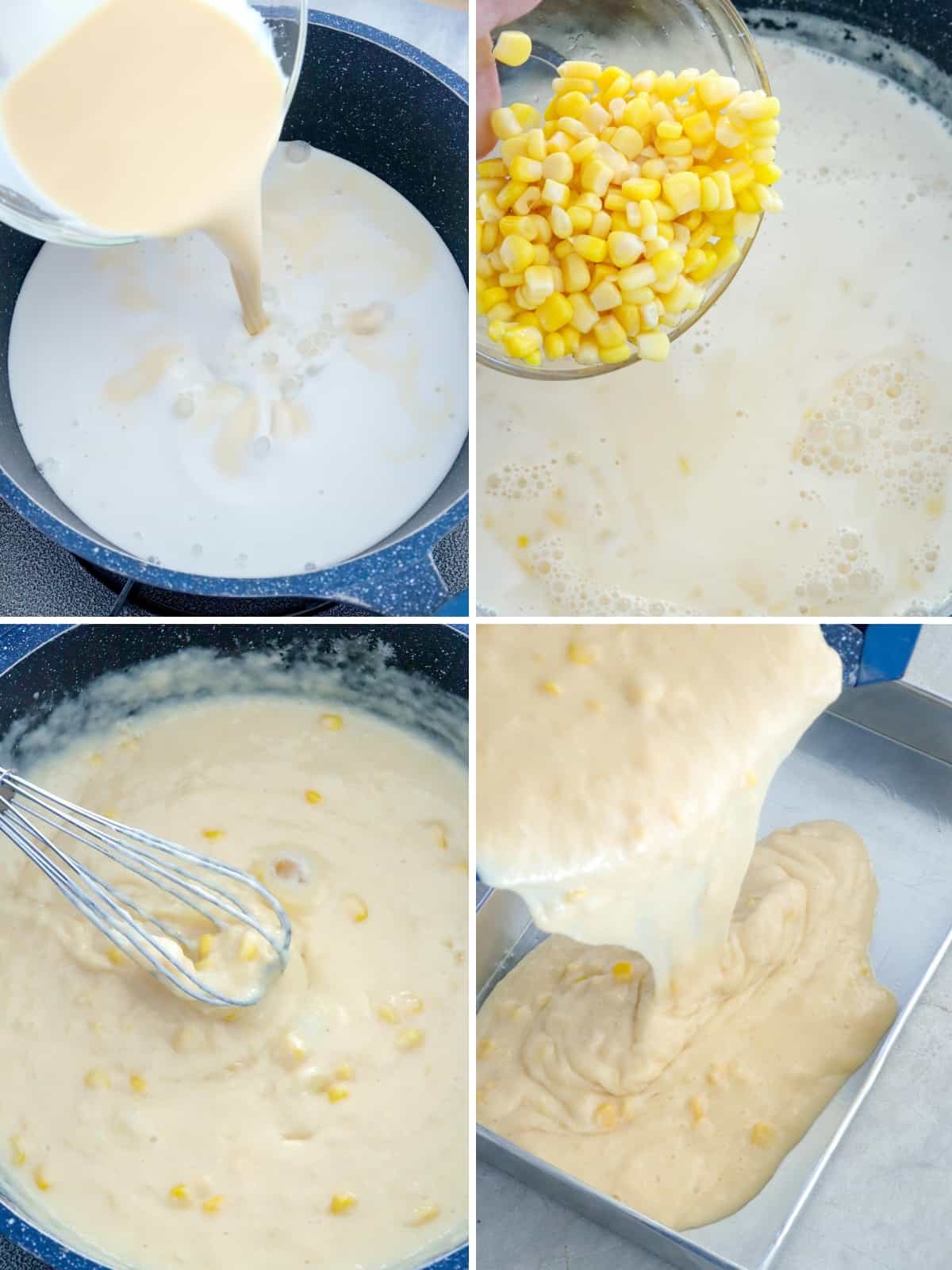 pouring maja blanca mixture into a rectangular tin pan