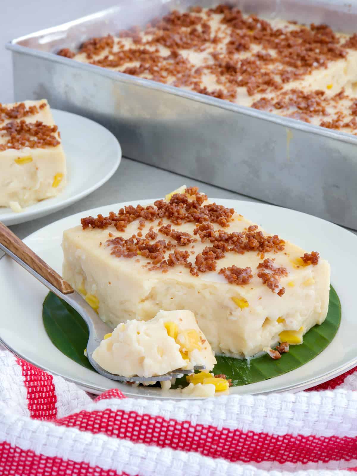 eating special maja blanca with a fork