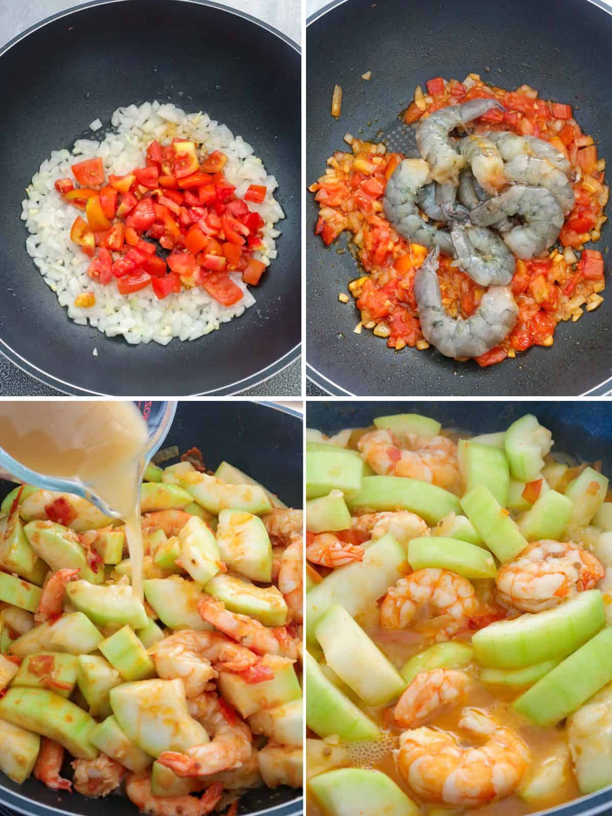 cooking ginisang upo with shrimp, tomatoes, and onions in a pan