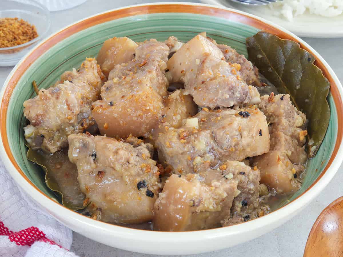white adobo in a serving bowl.