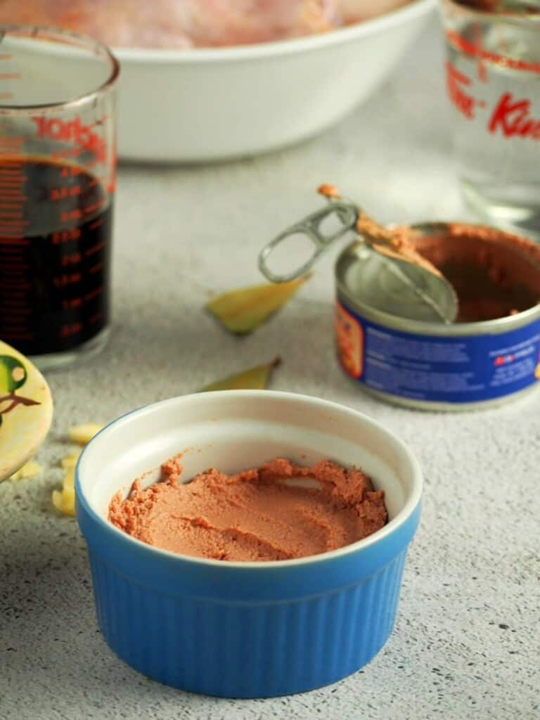 liver spread in a small blue ramekin