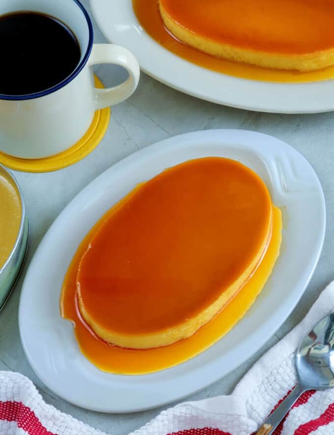 Leche Flan on a white serving platter