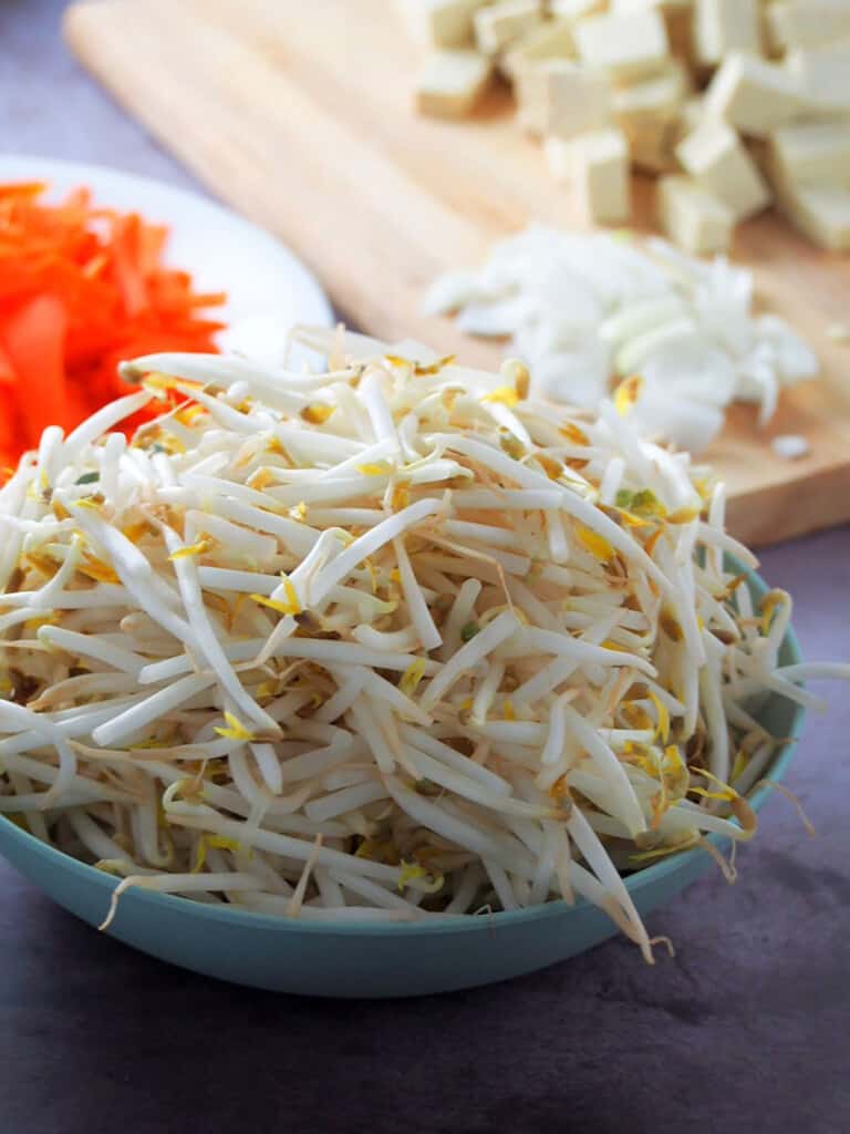 cubed tofu, bean sprouts, chopped onions and garlic, and julienned carrots on a cutting board