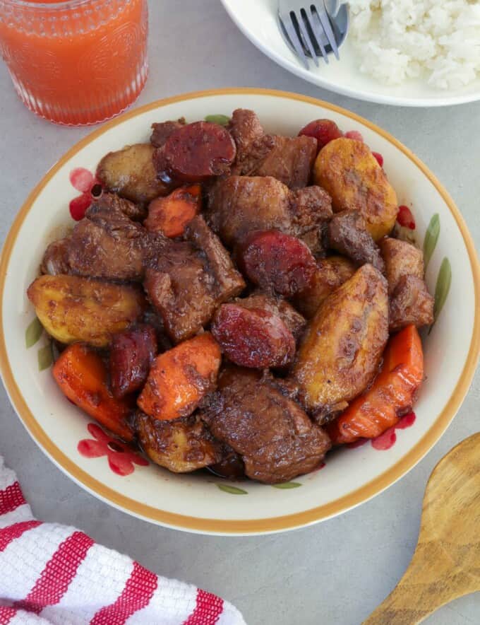 Pork Estofado in a white bowl