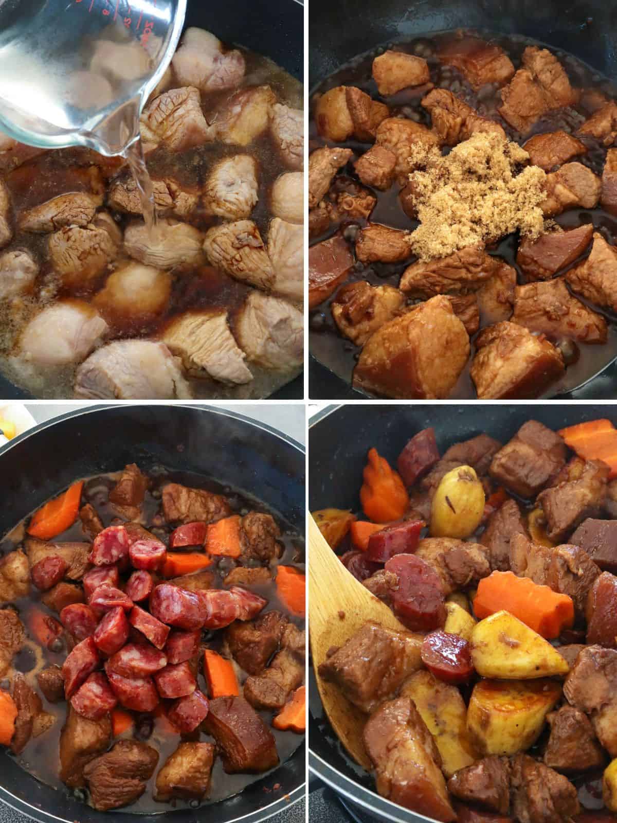 cooking pork estofado with saba bananas and carrots in a pan