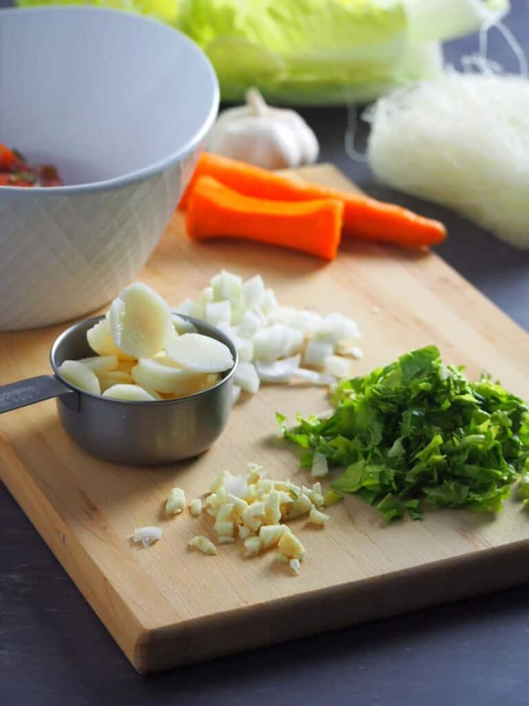 chopped onions, garlic, kinchay, carrots, and sotanghon noodles