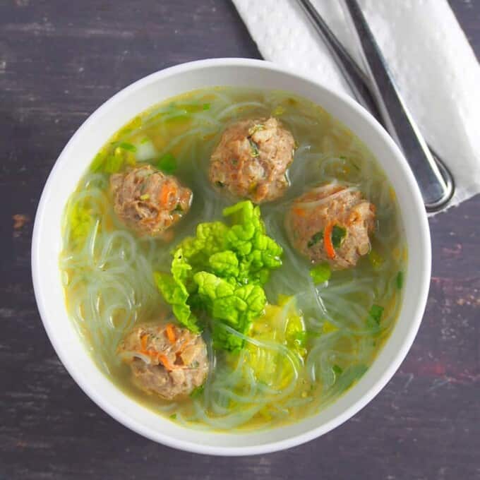 Sotanghon at Bola-Bola Soup in a white bowl