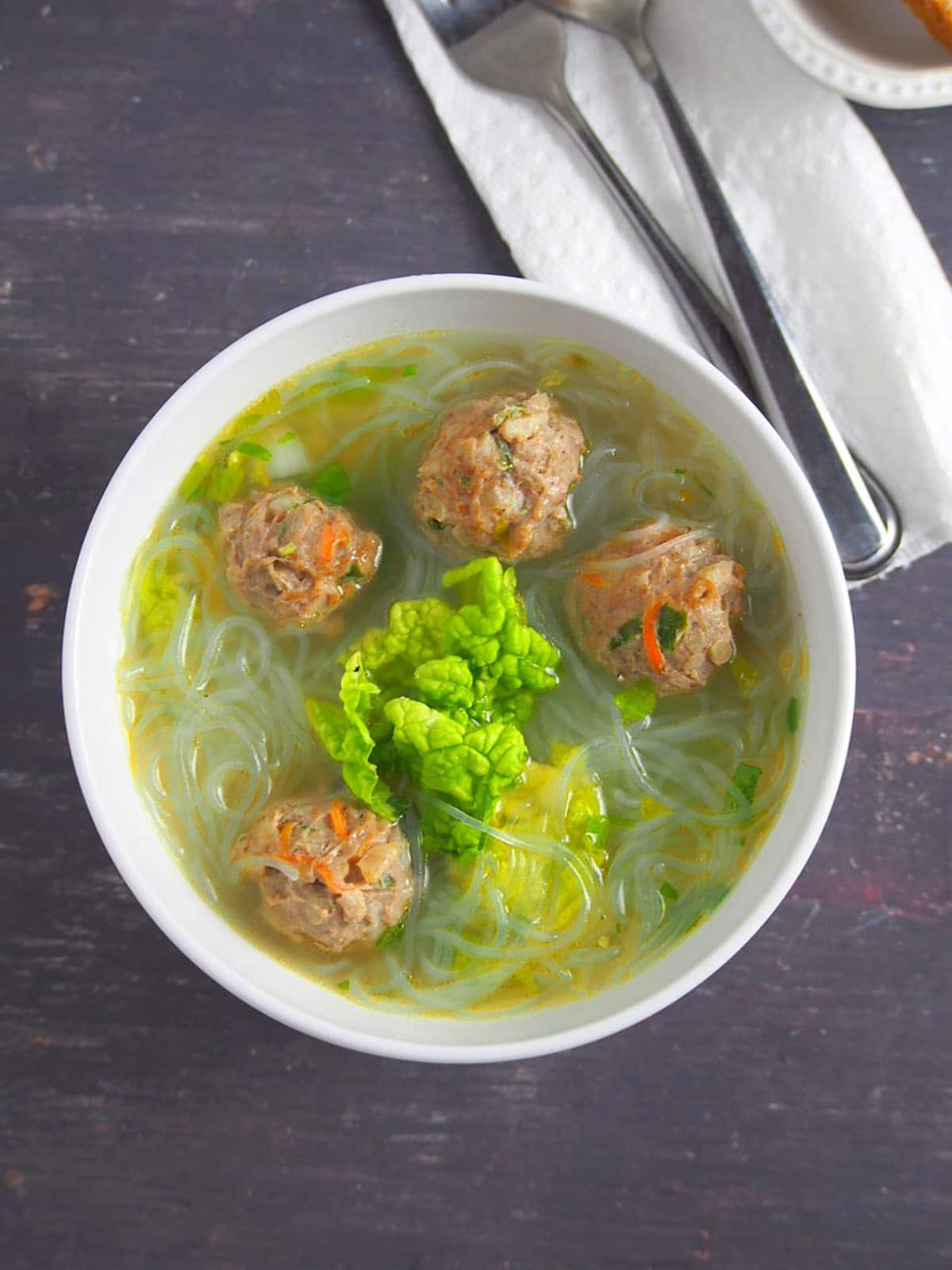 Sotanghon at Bola-Bola Soup in a white bowl