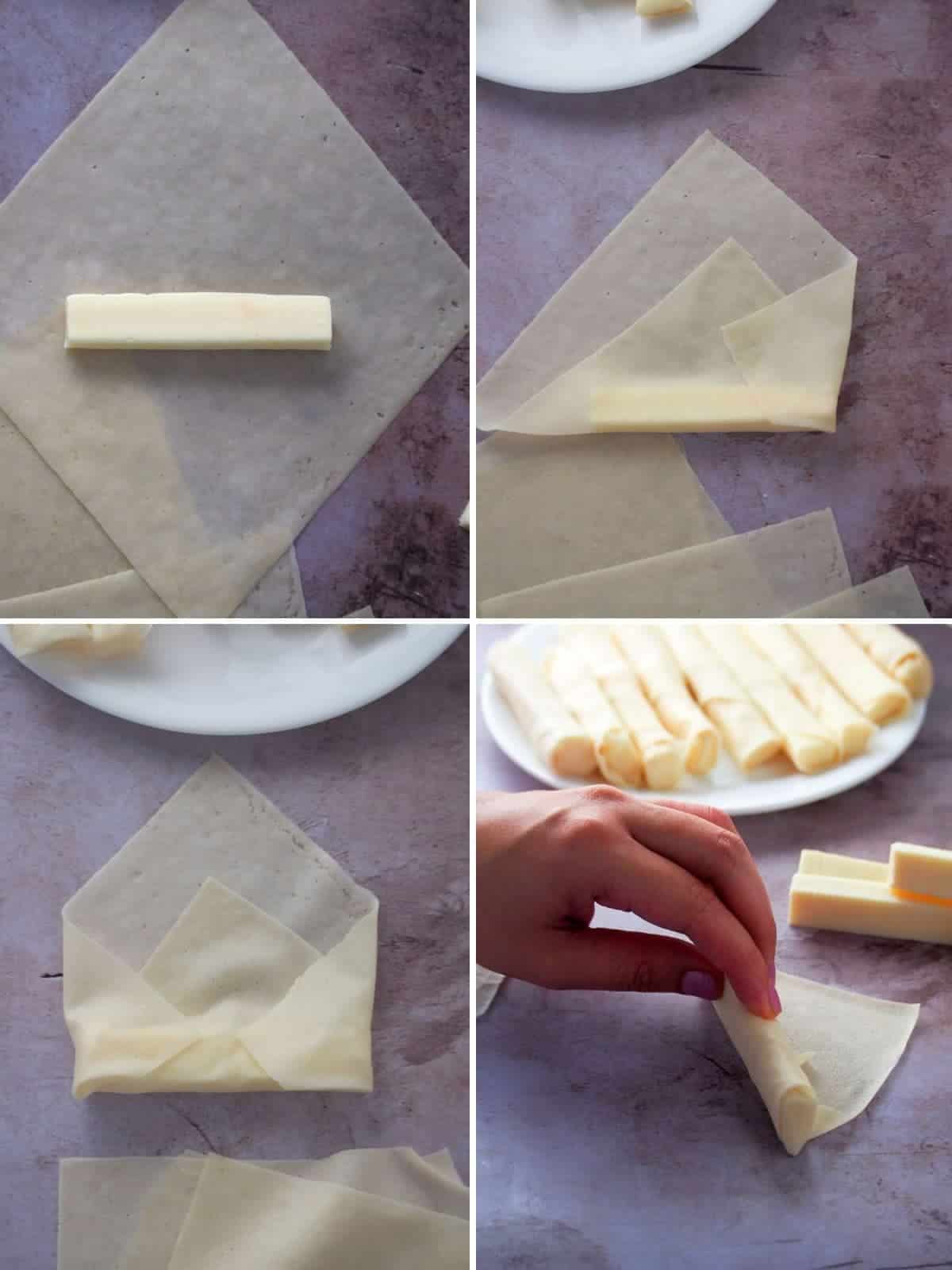 wrapping cheese sticks in spring roll wrappers