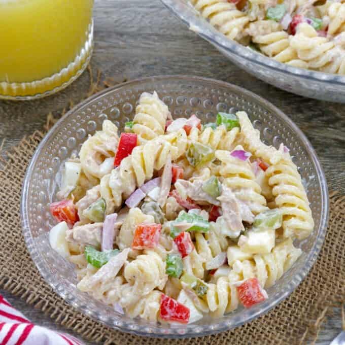 Tuna Pasta Salad in clear bowls.