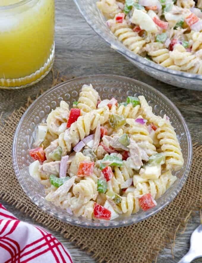 Tuna Pasta Salad in clear bowls.