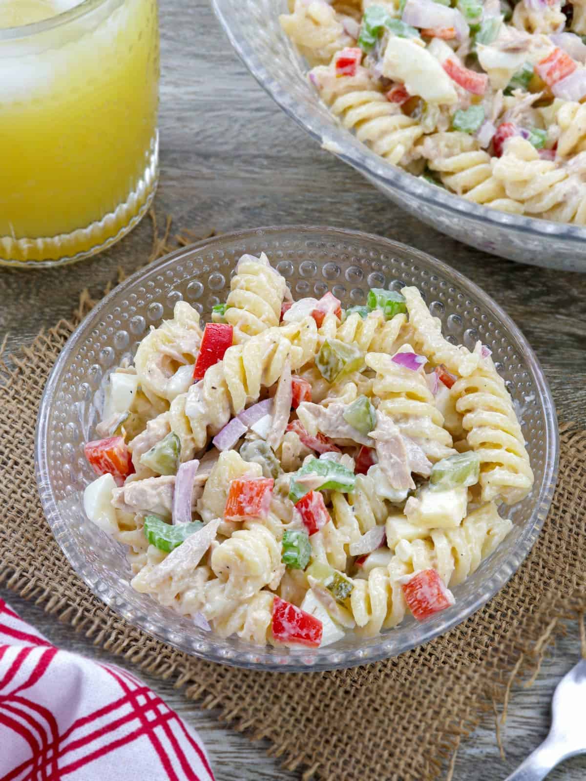 Tuna Pasta Salad in clear bowls.