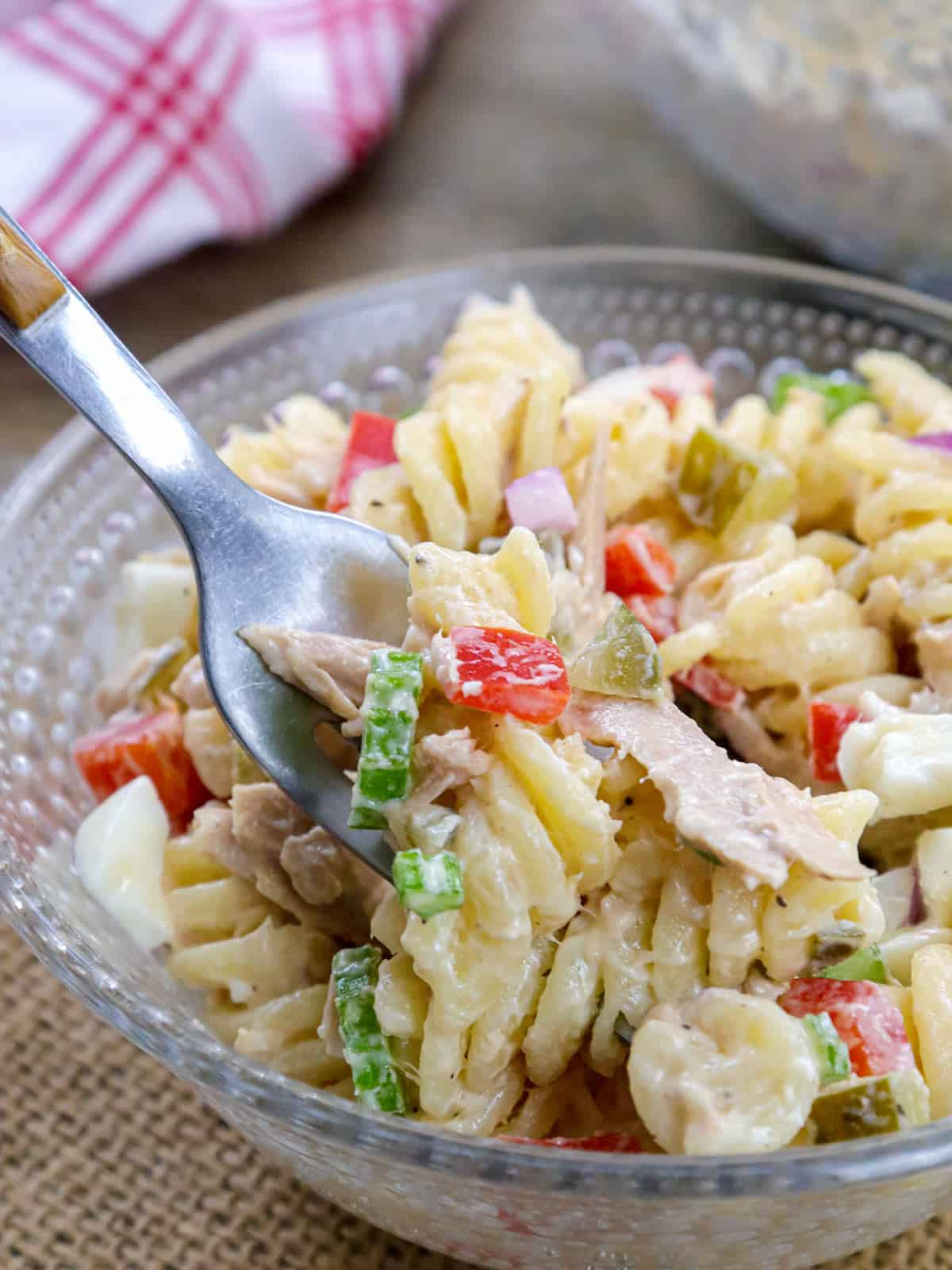 eating Tuna Pasta Salad with a fork.