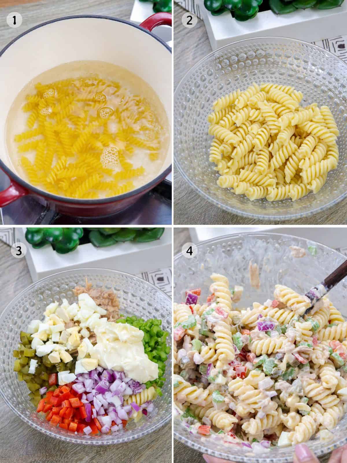 making tuna pasta salad in a bowl.