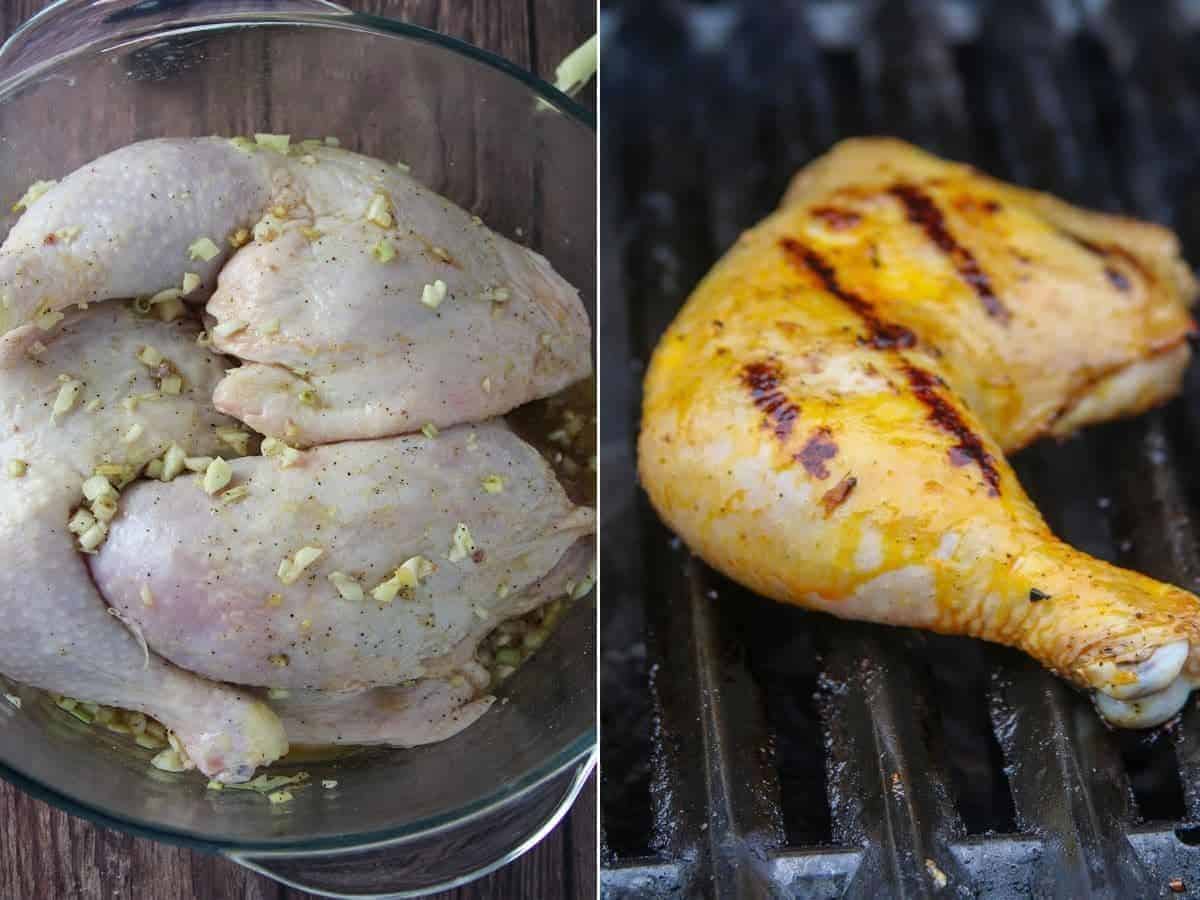 marinating in a vinegar, calamansi juice, lemongrass, garlic, and ginger in a clear glass bowl and grilling