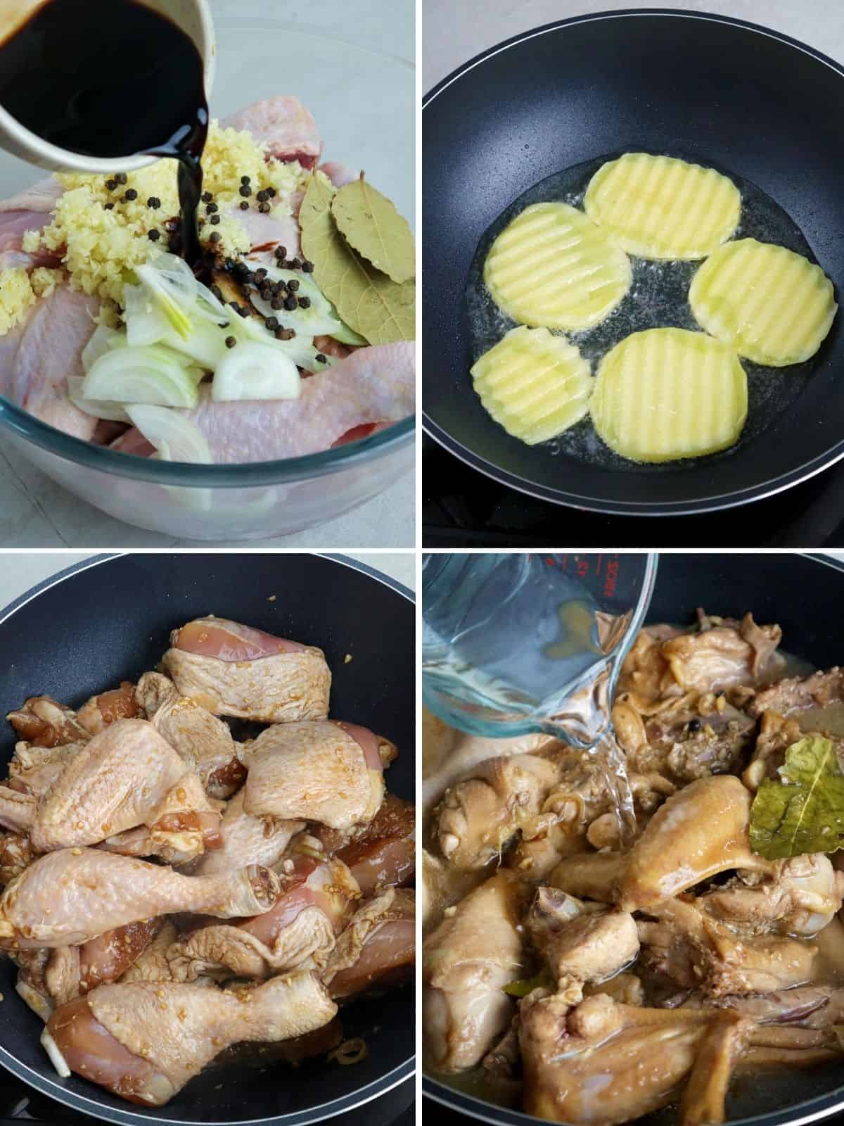 cooking chicken adobo with potatoes in a pan