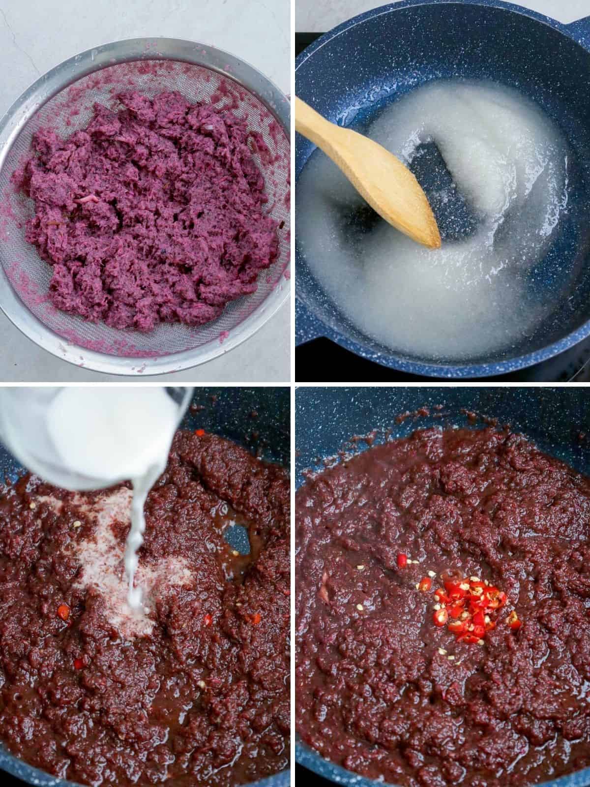 sauteing shrimp paste in a pan