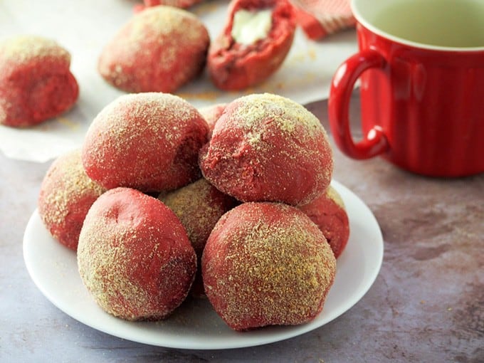 Red Velvet Pandesal on white plate