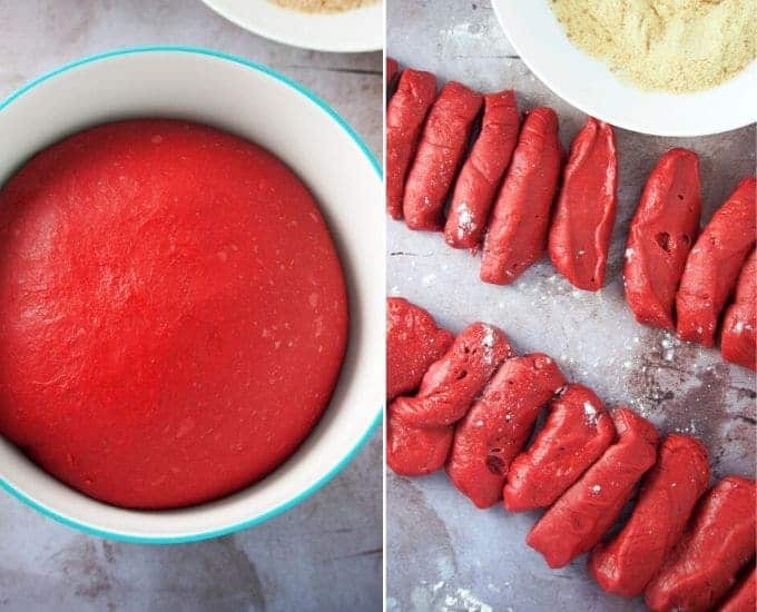 cutting the risen dough into portions