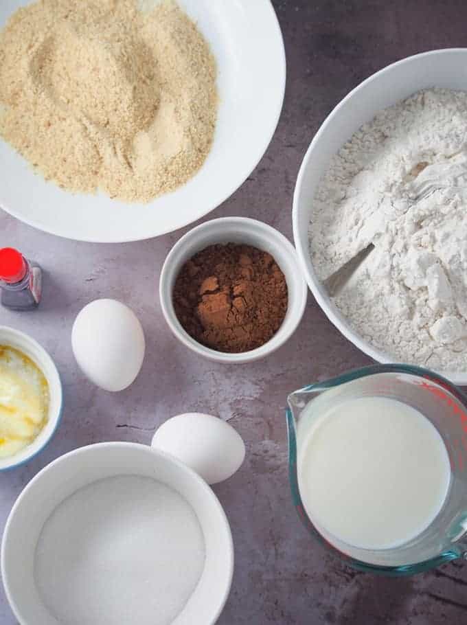 flour, cocoa powder, red food coloring,eggs, milk, sugar to make red velvet pandesal