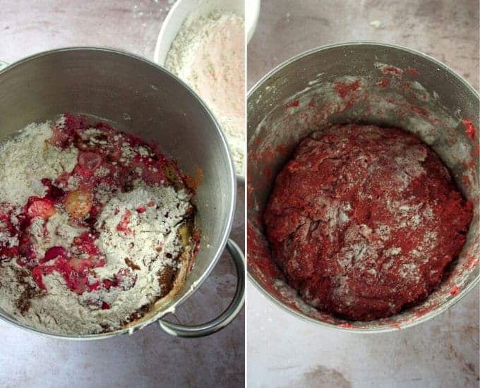 making red velvet pandesal dough in a mixer bowl