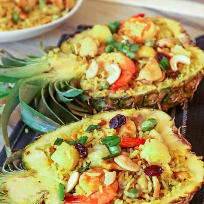 Pineapple Fried Rice served in pineapple boats