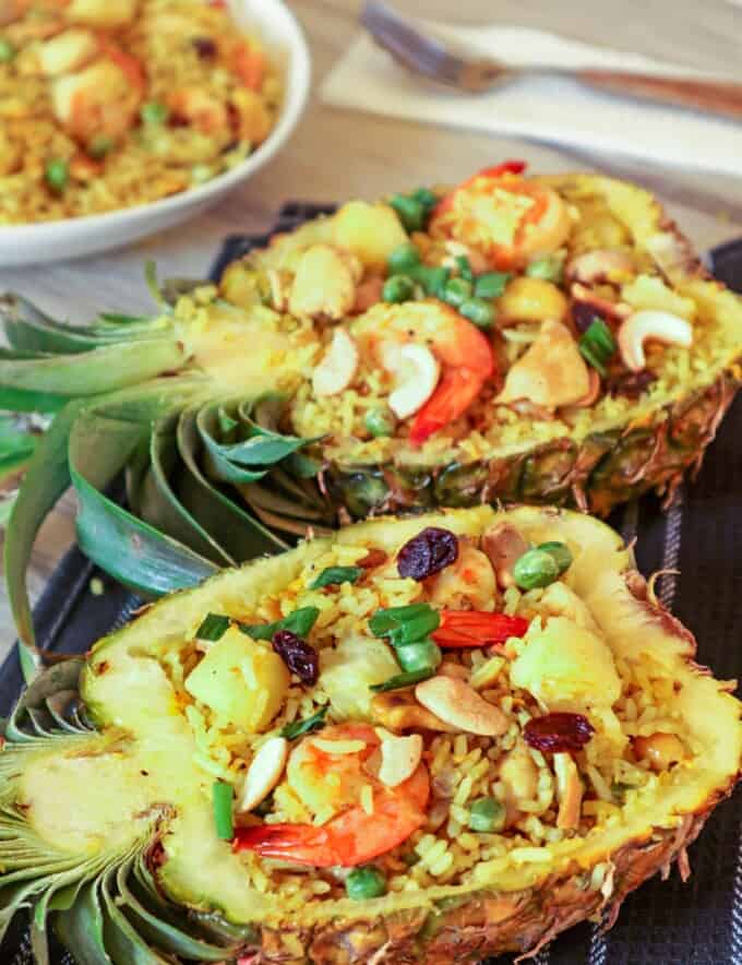 Pineapple Fried Rice served in pineapple boats