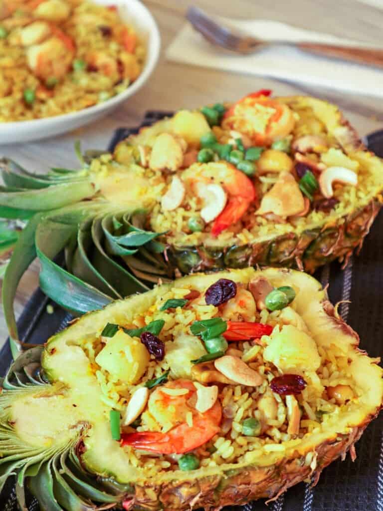Pineapple Fried Rice served in pineapple boats