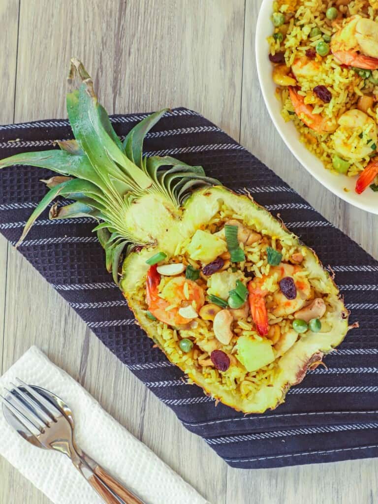 Thai fried rice in a pineapple boat