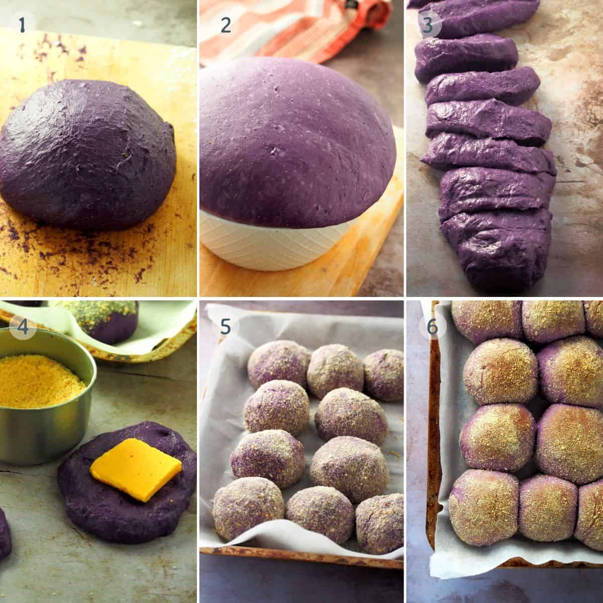 kneading, proofing, assembling, and baking ube cheese pandesal.