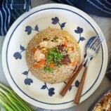 fried rice with meat and shrimp on a serving plate