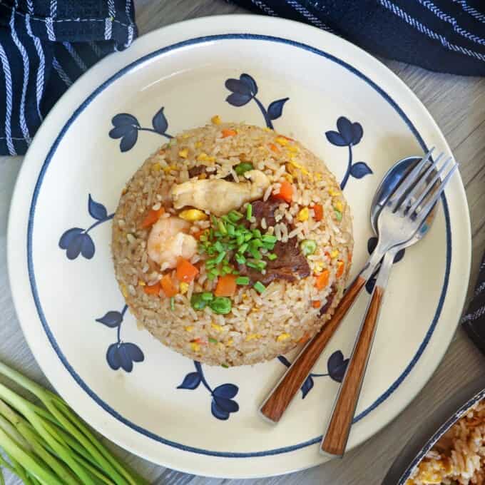 fried rice with meat and shrimp on a serving plate