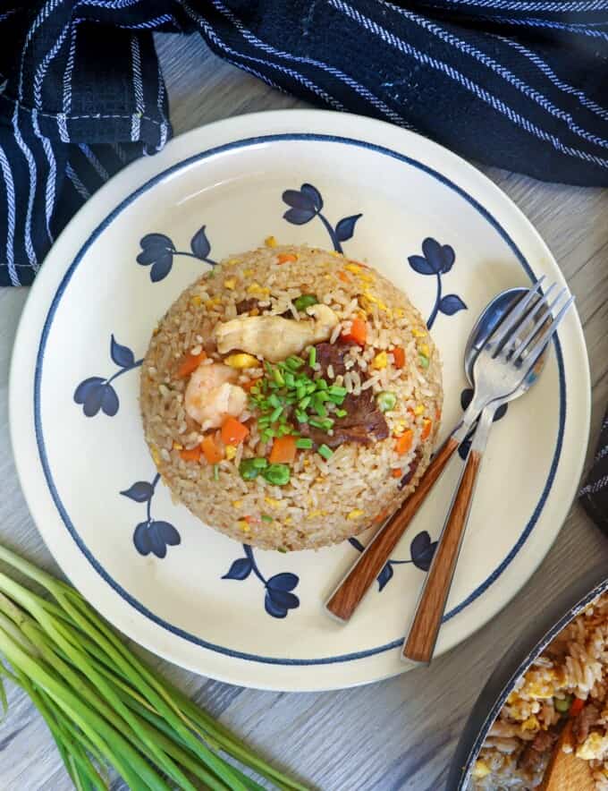 fried rice with meat and shrimp on a serving plate