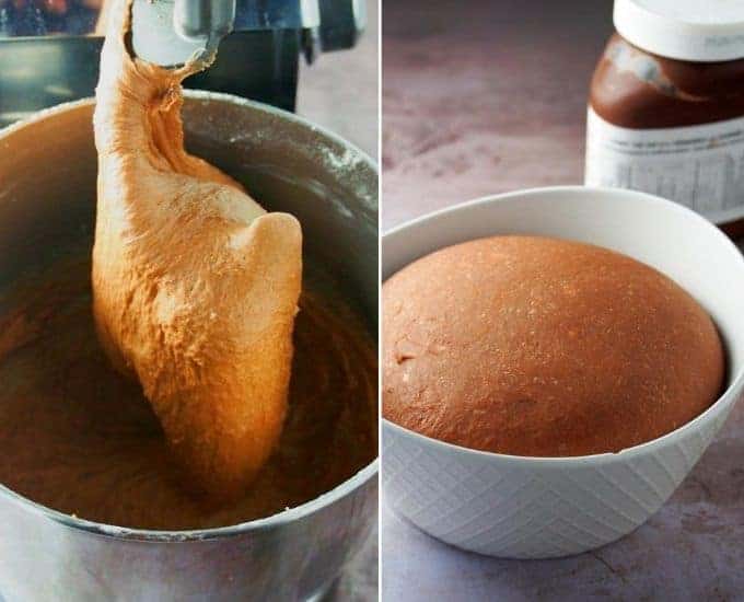 kneading the chocolate pandesal dough in a stand mixer and making it rise in  white bowl