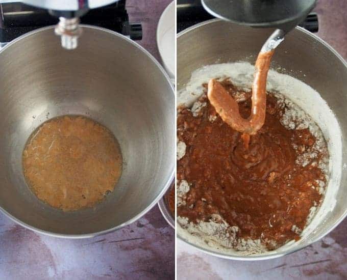 mixing the pandesal dough with chocoalate flavor in a stand mixer