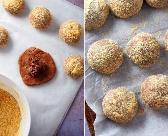 assembling the chocolate pandesal with Nutella filling