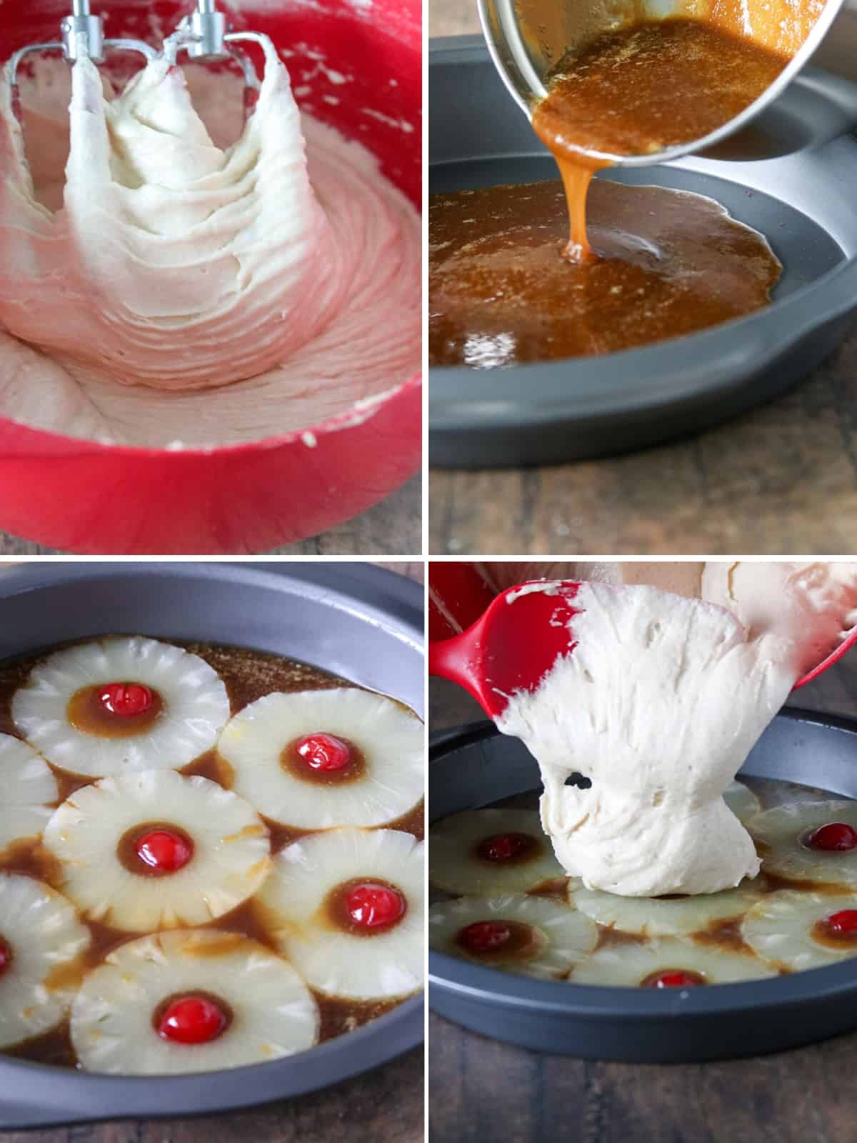 making upside down cake with pineapples and maraschino cherries