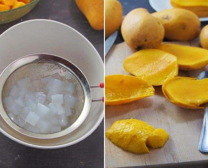 preparing mangoes and nata de coco to make mango bango