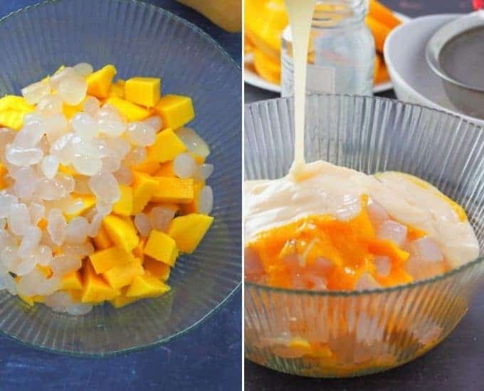 pouring condensed milk into bowl of mangoes, nata de coco, and kaong