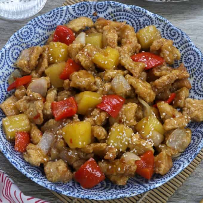 Panda Express Sweet Fire Chicken Copycat in blue serving bowl