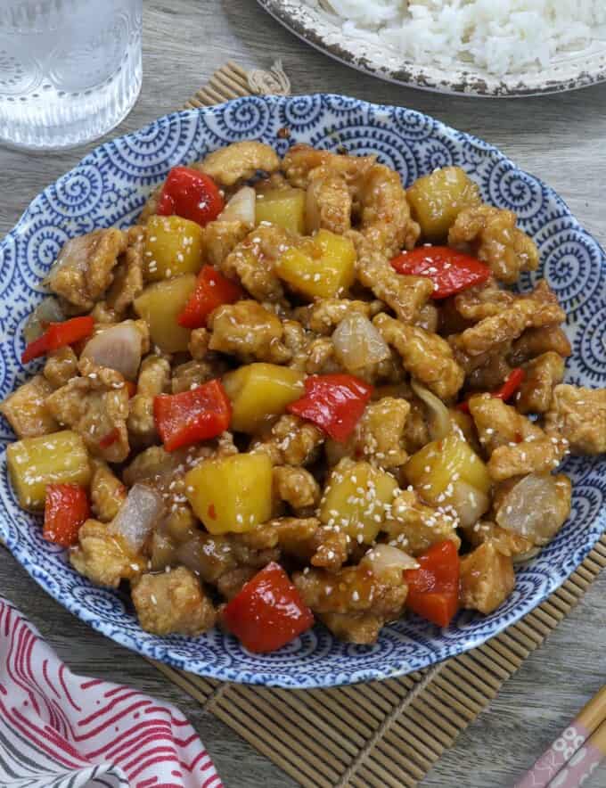 Panda Express Sweet Fire Chicken Copycat in blue serving bowl