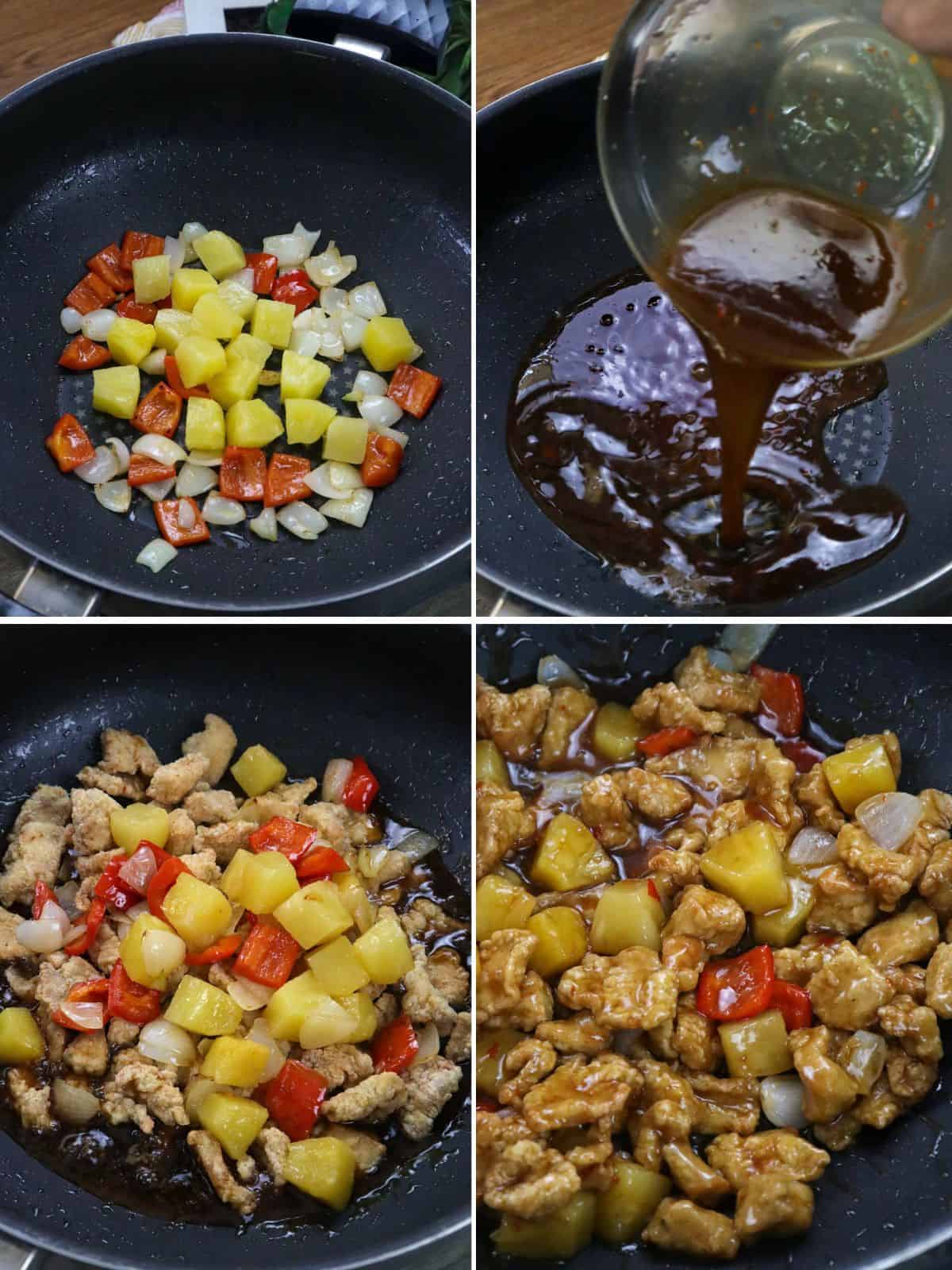 cooking Panda Express Sweet Fire Chicken with pineapples and bell peppers in a wok