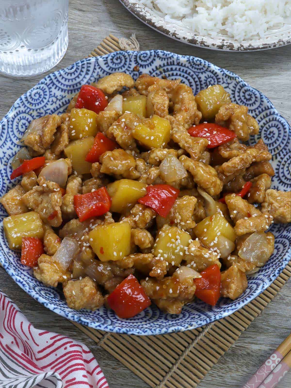 Panda Express Sweet Fire Chicken Copycat in blue serving bowl