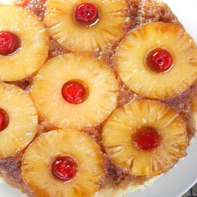 Pineapple Upside Down Cake on a white platter