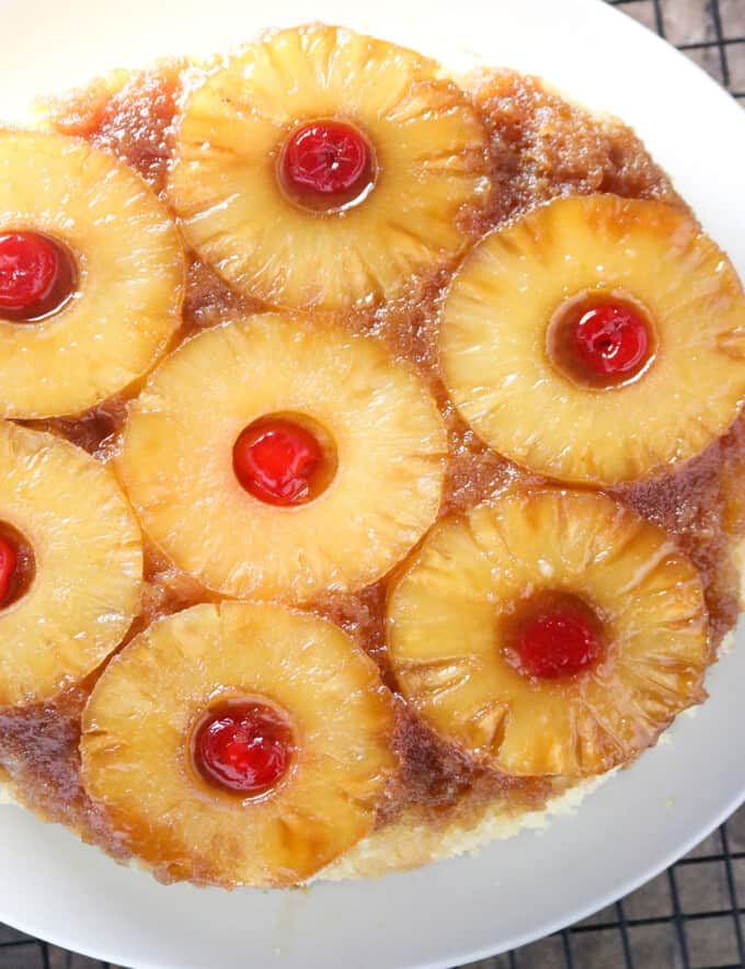 Pineapple Upside Down Cake on a white platter