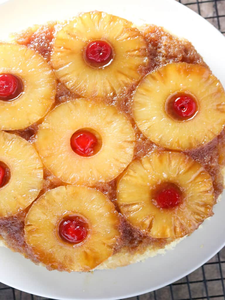 Pineapple Upside Down Cake on a white platter