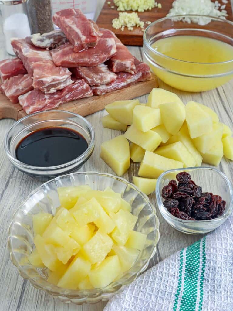baby back ribs, pineapple, potatoes, soy sauce, pineapple juice, raisins