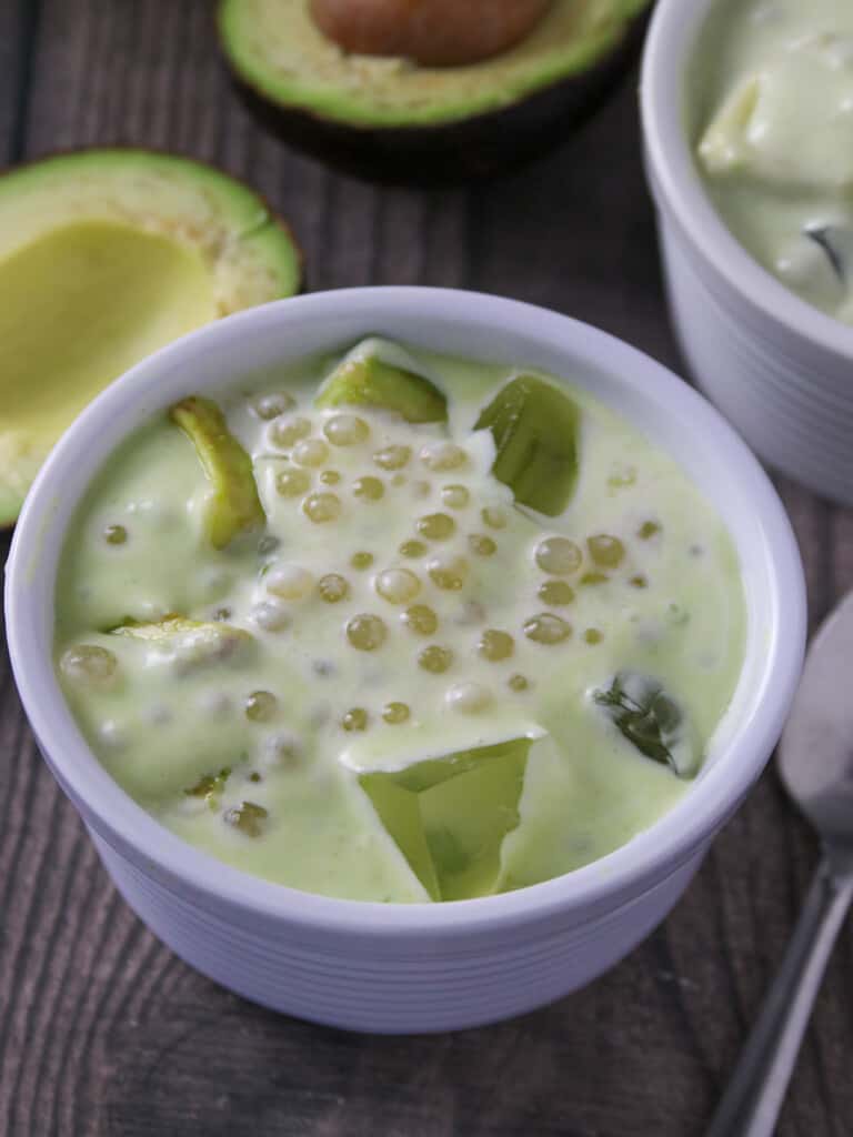 avocado jelly with sago in a white bowl