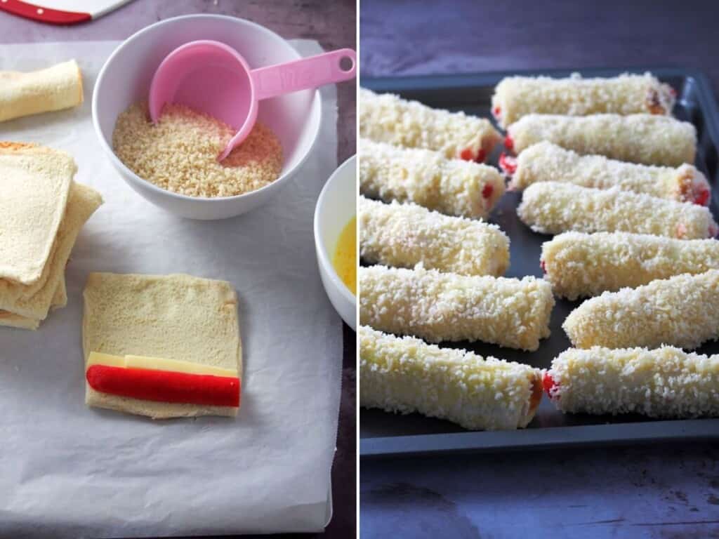 rolling sliced bread with hot dog and cheese filling and coating with panko