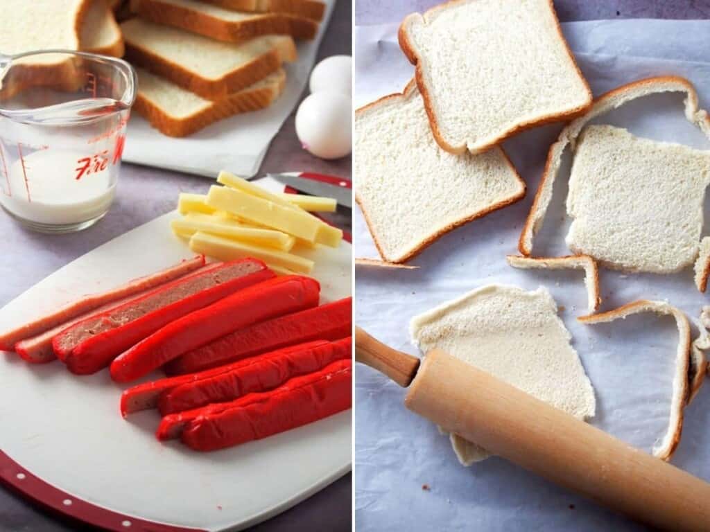 preparing hot dogs, cheese, and bread slices to make bread rolls